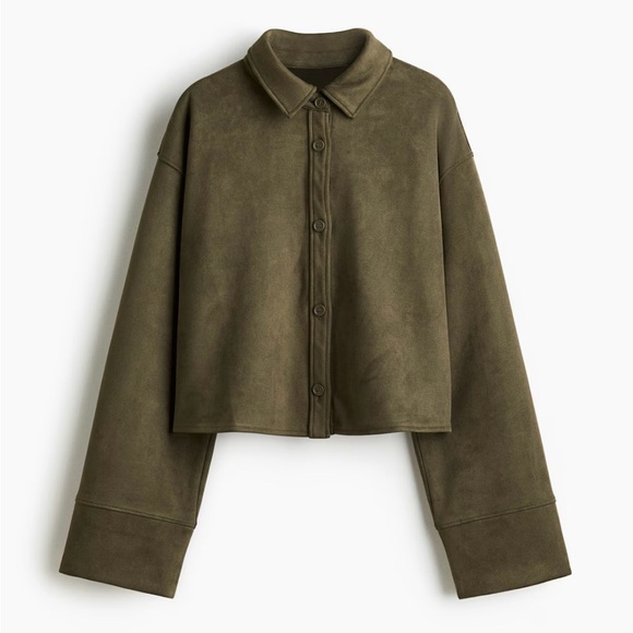 New With Tag H&M Olive Loose-Fit Cropped Shirt - Picture 1 of 8